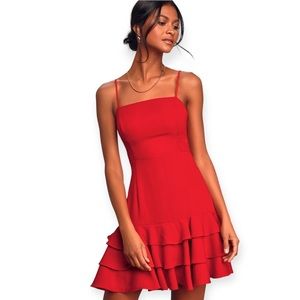 LULU'S Red Square Neck Strappy Ruffle Mini Dress LARGE Tiered FLAW Party